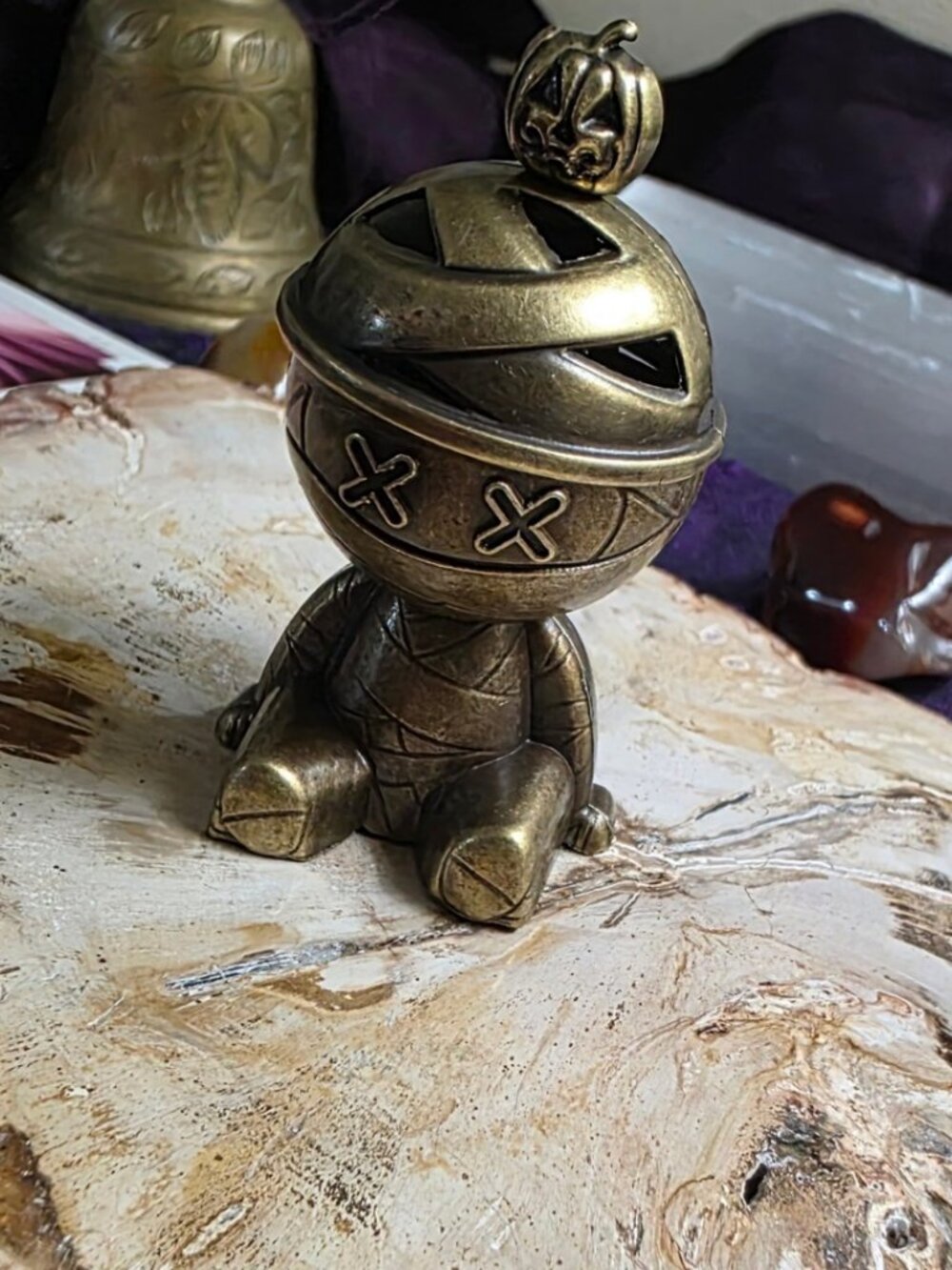 Brass Mummy Incense Burner with Pumpkin Topper, Halloween, Jack O Lantern